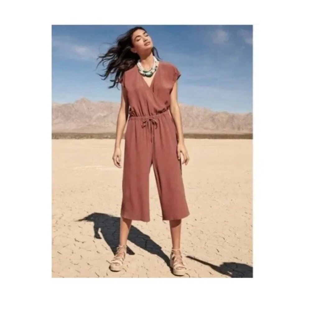 EILEEN FISHER Russet Crepe Tencel Faux Wrap Crop Wide Leg Jumpsuit Sz XS